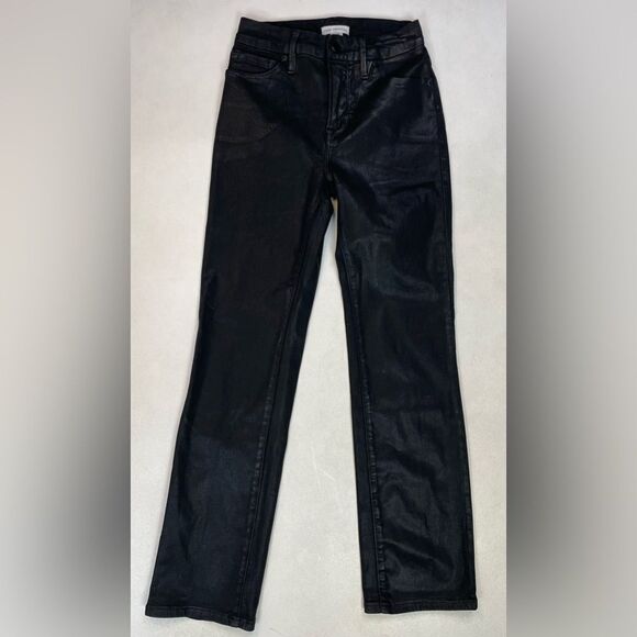 Good American Mid Rise Straight Coated Jeans Women Size 0 Black GS001T - Picture 1 of 9